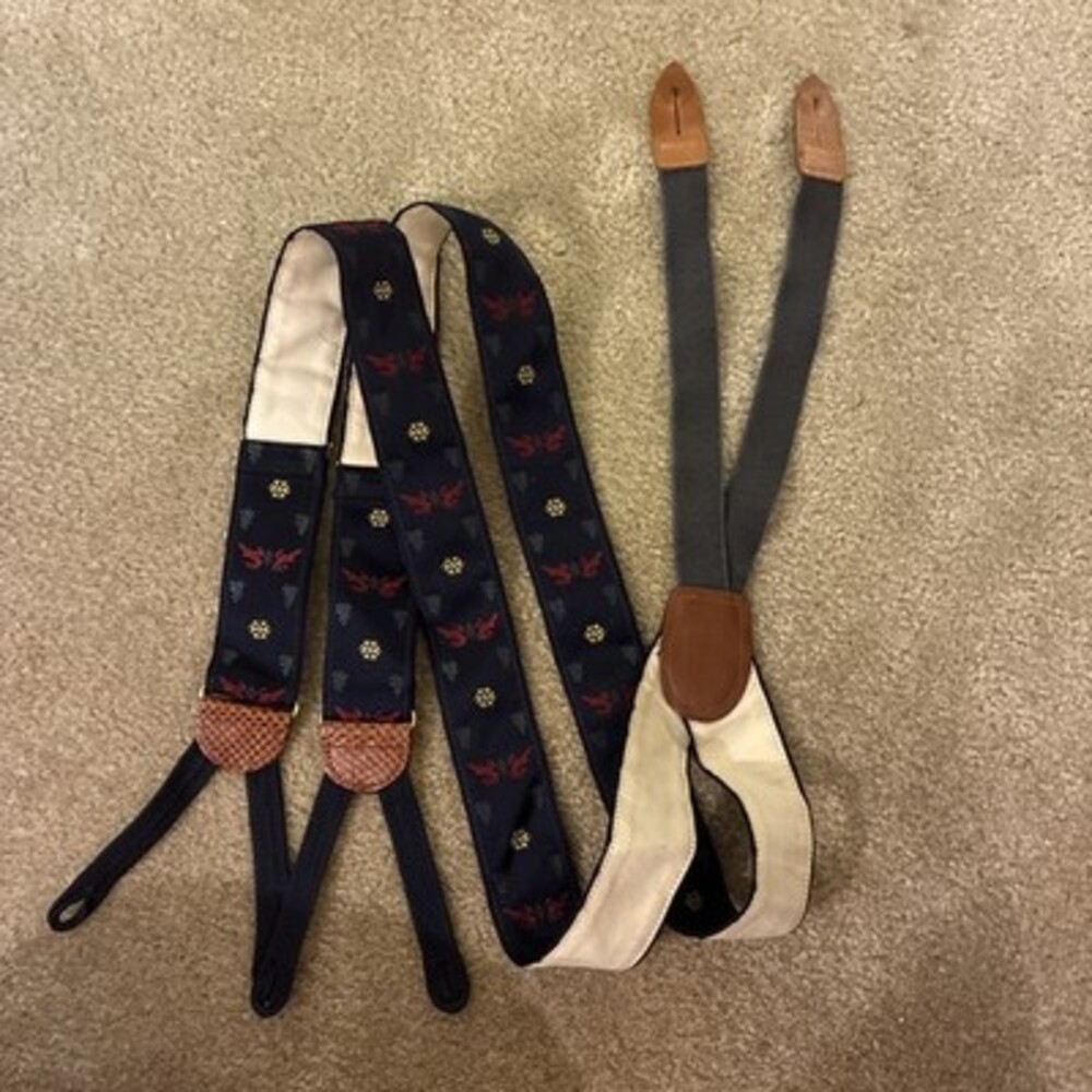 Cole Haan Winter Theme Blue, Green And Red Leather Suspenders GUC